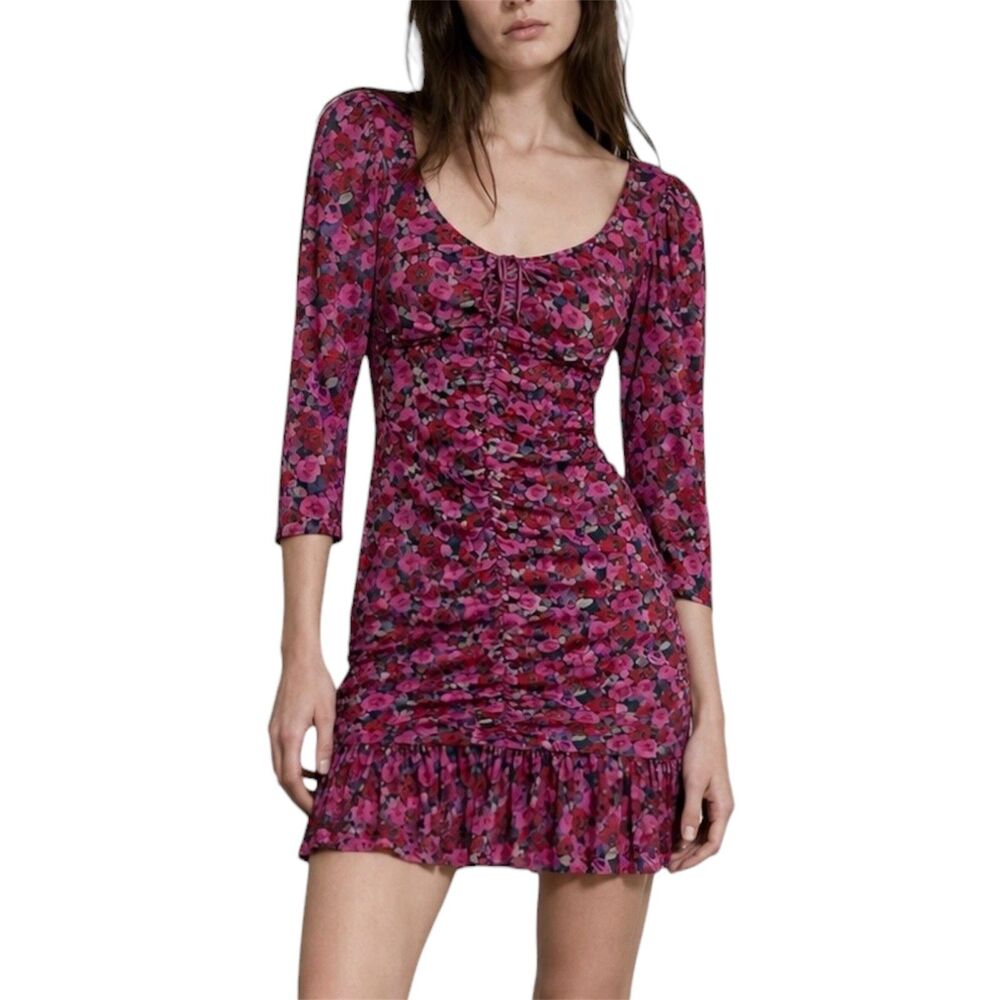 Ganni Floral Mesh Ruched Mini Dress Fiji Flower Pink Red Size EU 42 / M NWT